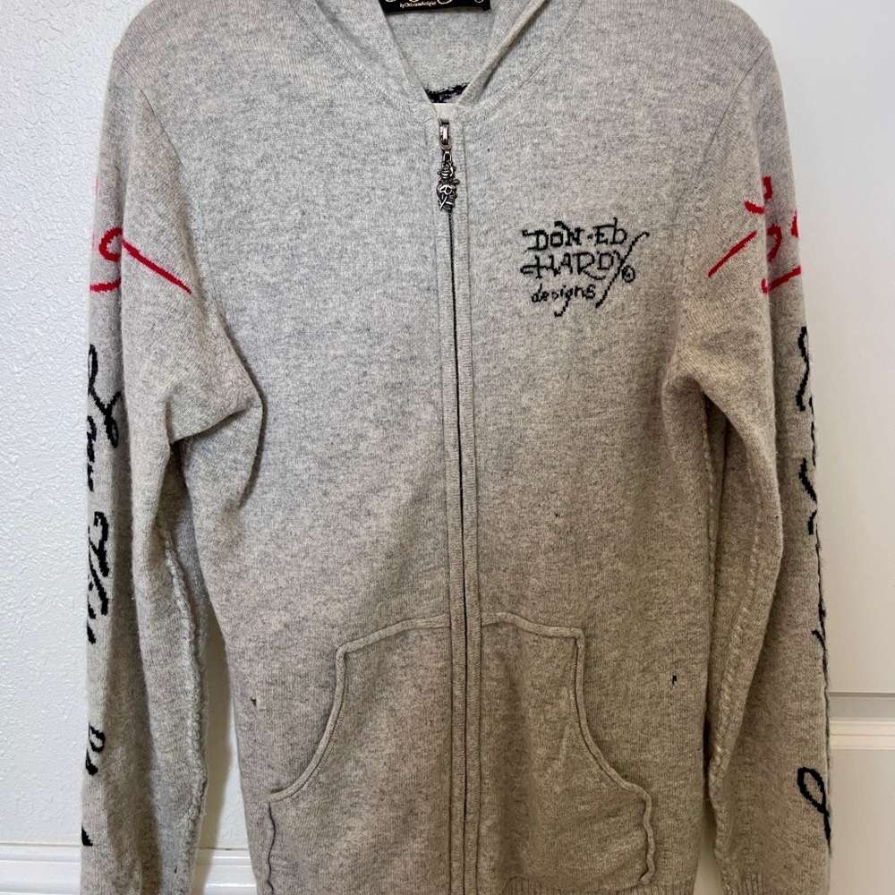 Vintage Ed Hardy Cashmere Light Gray Hoodie with Silver Zipper